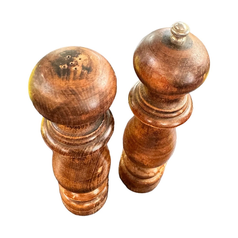 Vintage Japan Woodcrest Creations Solid Wood Salt Shaker Pepper Mill Grinder 7"